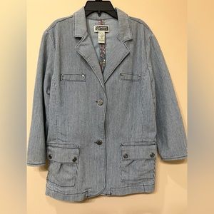Route 66, denim tunic jacket, extra large, navy $ white stripes. Used once.
